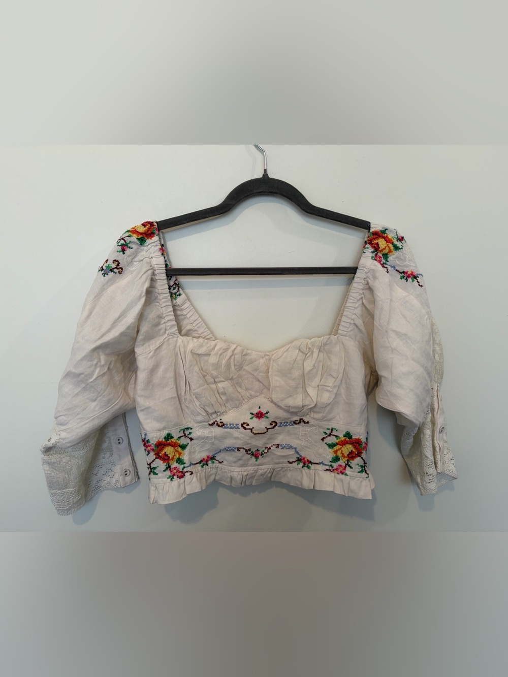Place Nationale 100% Linen Embroidered Cream Peasant Crop Top - Size 1